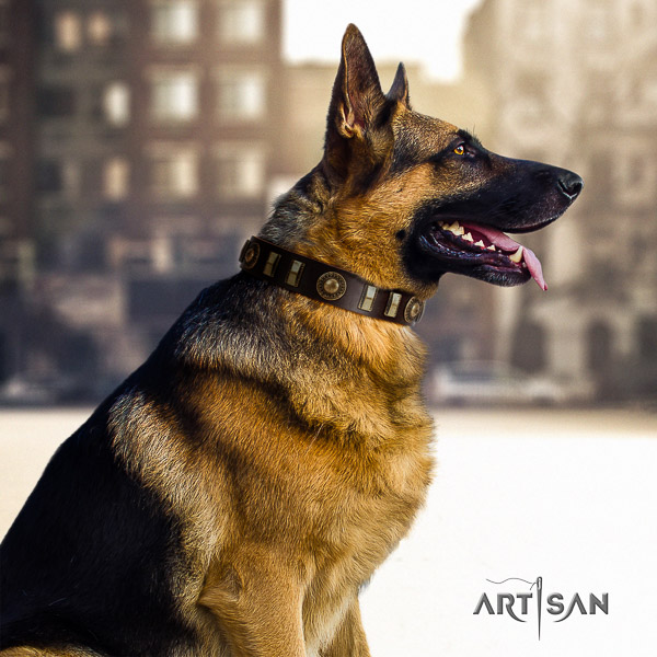 German-Shepherd Dog remarkable decorated full grain genuine leather dog collar for walking