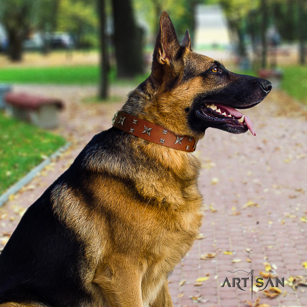 German-Shepherd Dog stunning decorated full grain leather dog collar for daily walking