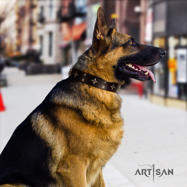 German-Shepherd Dog unusual decorated natural leather dog collar for stylish walking