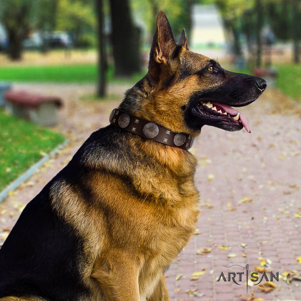 German-Shepherd easy adjustable full grain leather collar with adornments for your canine