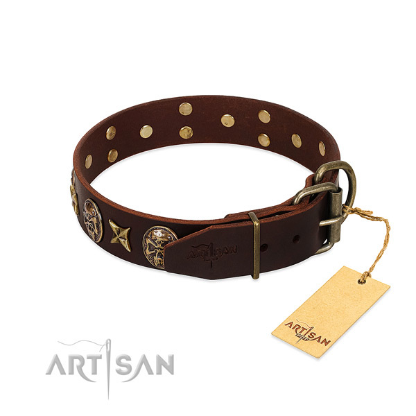 Genuine leather dog collar with rust-proof hardware and decorations