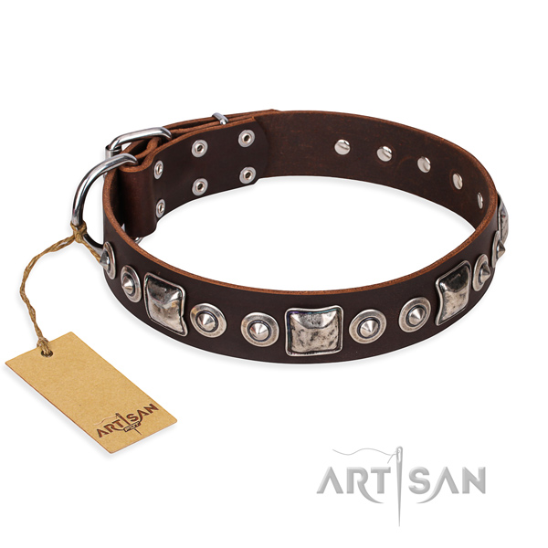 Full grain genuine leather dog collar made of soft to touch material with corrosion proof fittings
