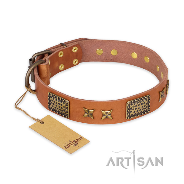 Adorned genuine leather dog collar with corrosion proof traditional buckle