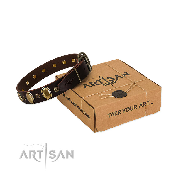 Everyday walking gentle to touch full grain genuine leather dog collar with embellishments