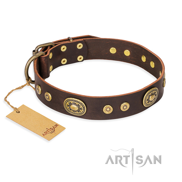 Full grain genuine leather dog collar made of high quality material with corrosion resistant hardware