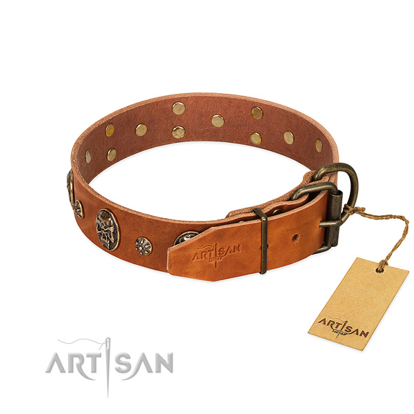 Reliable traditional buckle on full grain genuine leather dog collar for your four-legged friend