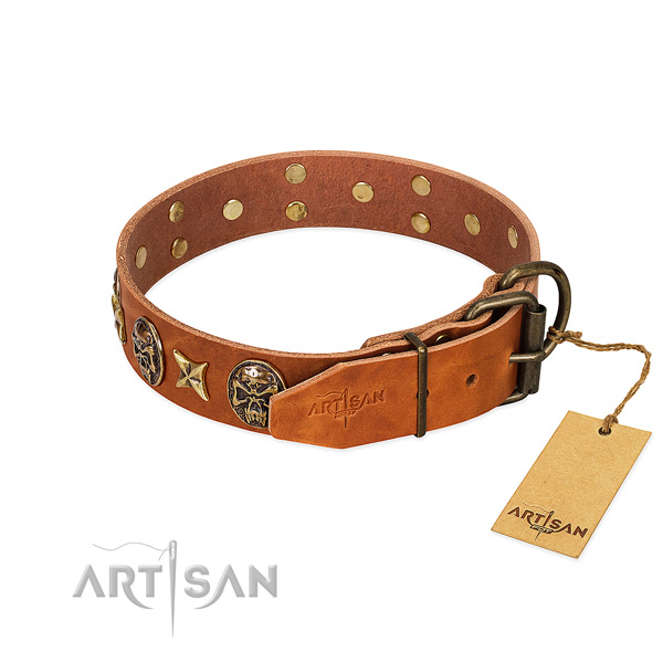 Genuine leather dog collar with rust resistant traditional buckle and decorations