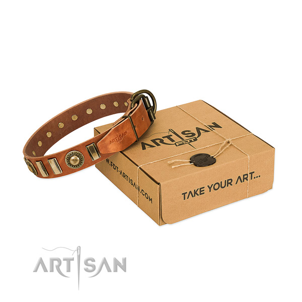 Soft to touch full grain genuine leather dog collar with rust resistant D-ring