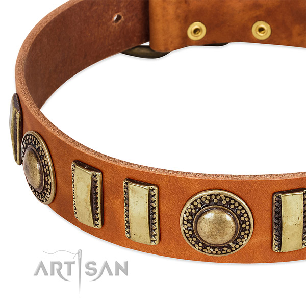 Gentle to touch natural leather dog collar with strong fittings