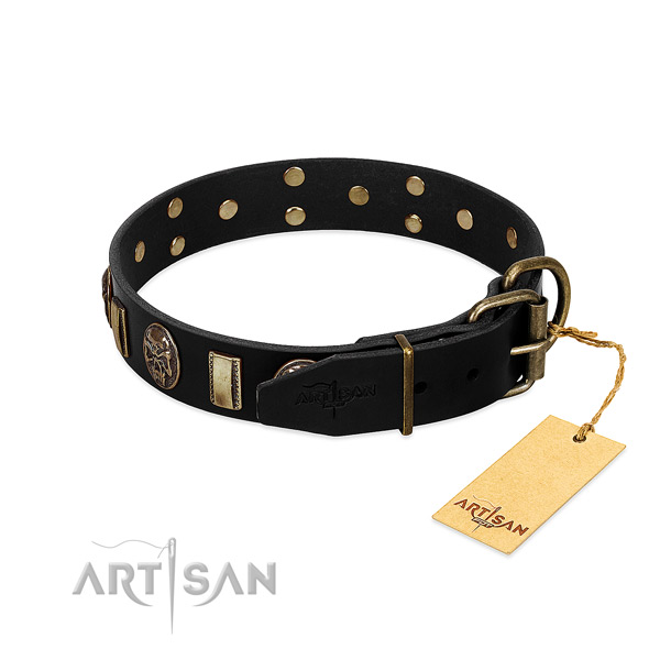 Natural genuine leather dog collar with strong traditional buckle and studs