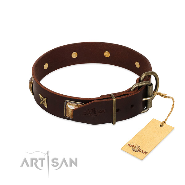 Genuine leather dog collar with strong buckle and decorations