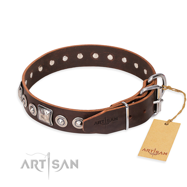 Full grain leather dog collar made of reliable material with corrosion resistant adornments