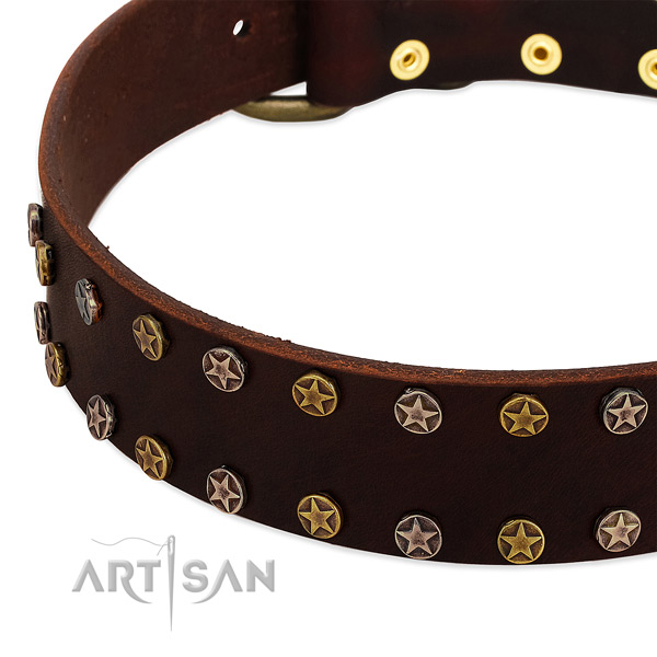 Daily walking genuine leather dog collar with exquisite decorations