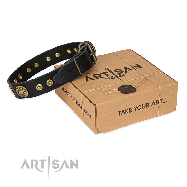 Natural genuine leather dog collar made of top rate material with rust-proof D-ring