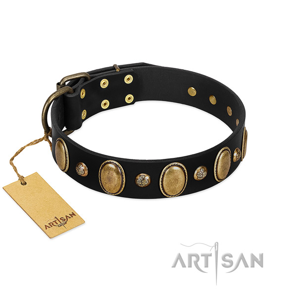 Natural leather dog collar of soft material with trendy studs