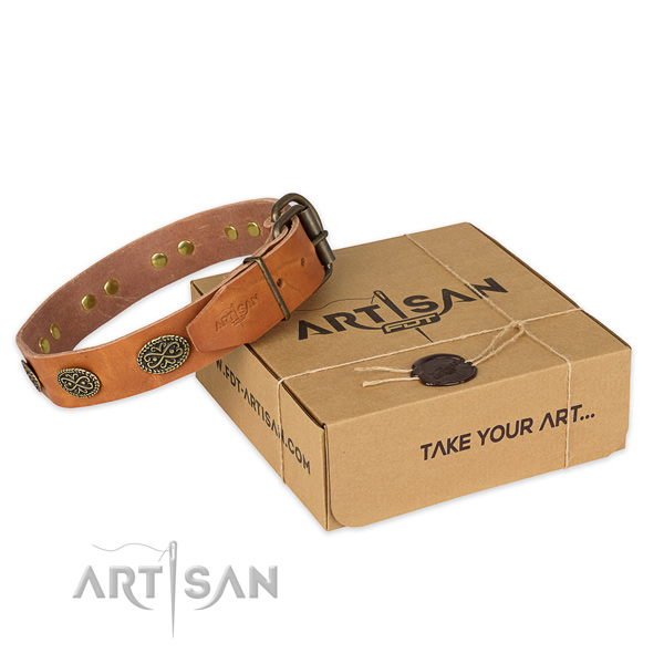 Strong fittings on natural genuine leather collar for your lovely canine