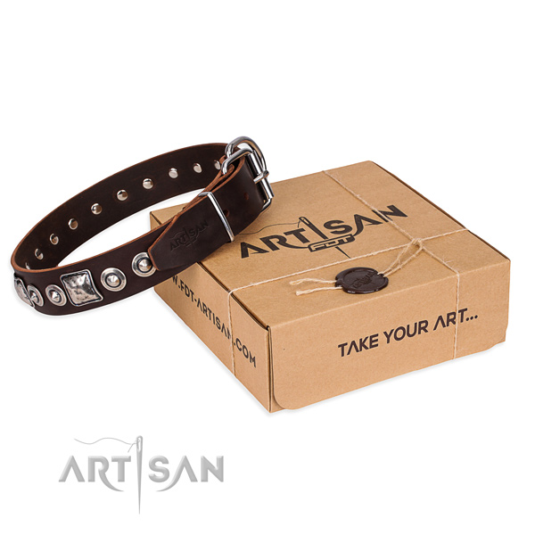 Leather dog collar made of soft to touch material with durable D-ring