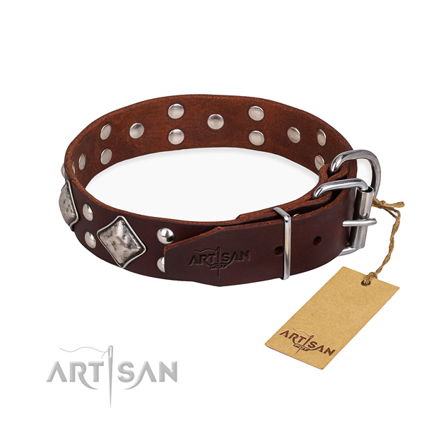 Full grain leather dog collar with trendy reliable decorations
