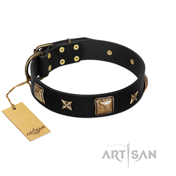 Genuine leather dog collar of soft to touch material with inimitable studs
