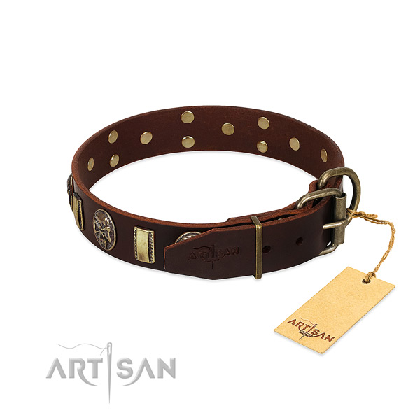 Full grain genuine leather dog collar with corrosion resistant fittings and studs