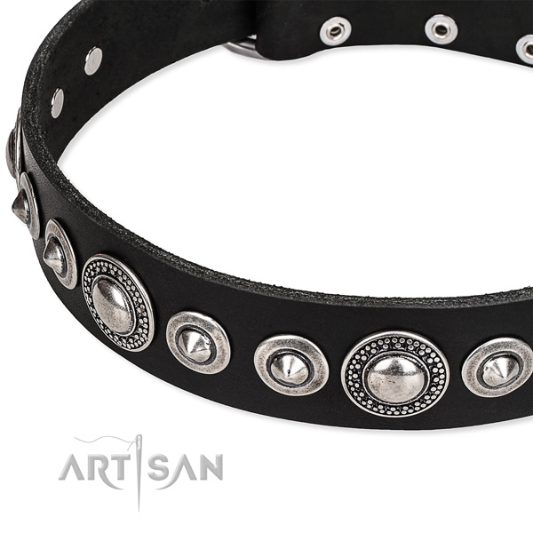 Easy wearing embellished dog collar of durable full grain genuine leather