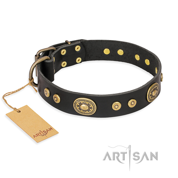 Full grain genuine leather dog collar made of reliable material with corrosion resistant fittings