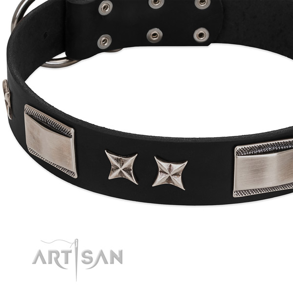 Top rate natural leather dog collar with corrosion resistant traditional buckle