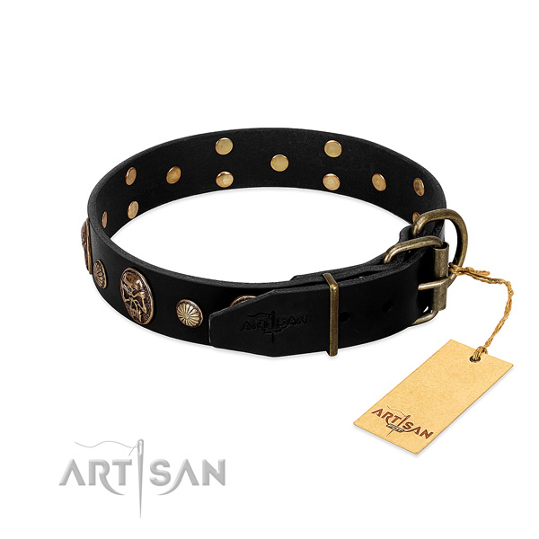 Rust resistant hardware on natural leather collar for fancy walking your pet